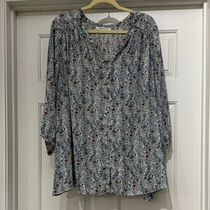Rose & Olive Floral V-Neck Blouse - Blue and Red
